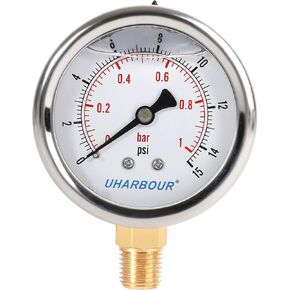 Glycerin Filled Vacuum Pressure Gauge -30HG/30PSI, 2-1/2" Clear dial Vacuum Gauge,1/4"NPT Back Connection, Stainless Steel Case, Brass Movement, Dual Scales