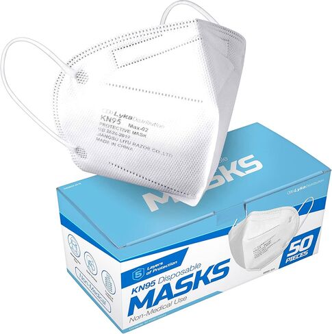 أقنعة الوجه Lyka Distribution KN95 - 50 عبوة - قناع الوجه KN95 القابل للتنفس للحماية من 5 طبقات - ترشيح> 95% مع حلقة أذن مرنة مريحة | قماش بولي بروبيلين غير منسوج in Kuwait