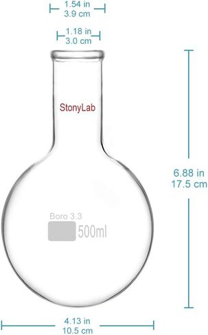 قارورة زجاجية مستديرة من StonyLab بسعة 500 مل، قارورة غليان مستديرة من زجاج البورسليكات ذات جدار ثقيل من زجاج البورسليكات RBF برقبة طويلة - 500 مل in Kuwait