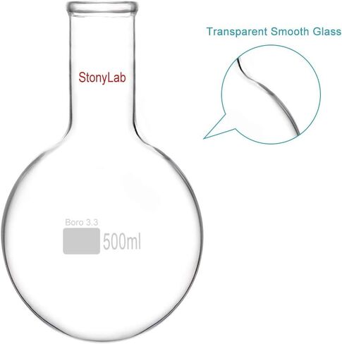 قارورة زجاجية مستديرة من StonyLab بسعة 500 مل، قارورة غليان مستديرة من زجاج البورسليكات ذات جدار ثقيل من زجاج البورسليكات RBF برقبة طويلة - 500 مل in Kuwait