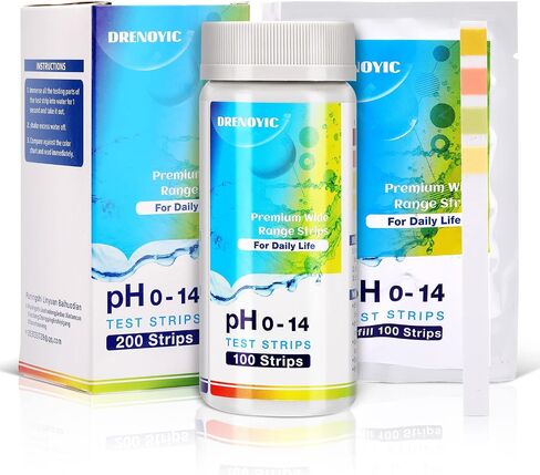 شرائط اختبار درجة الحموضة من DRENOYIC - من 0 إلى 14 (200 قيراط) شرائط اختبار ورق عباد الشمس القلوي الحمضي العالمي للمياه والبول واللعاب والصابون والتربة ومراقبة درجة الحموضة في النظام الغذائي، وما إلى ذلك in Kuwait