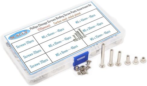 SCXCLY 120pcs Chicago Screws Binding Screw Posts Assortment Kit, 6 Sizes(M5 x 6/10/15/25/30/45mm), Carbon Steel Nickel-Plated in Kuwait