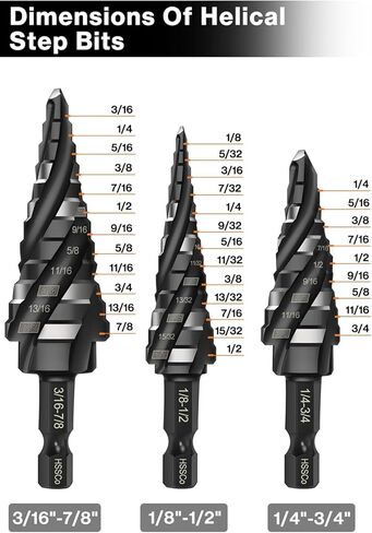 التيتانيوم أربعة دوامة الناي الكوبالت خطوة لقم الحفر، ليتول تأثير Unibit خطوة بت مجموعة للمعادن، 1/4 "عرافة عرقوب M35 عالية السرعة الصلب لقم الحفر للمعادن، الفولاذ المقاوم للصدأ، الألومنيوم، الخشب، البلاستيك، 3 قطع، 1/8 "-7 /8" in Kuwait