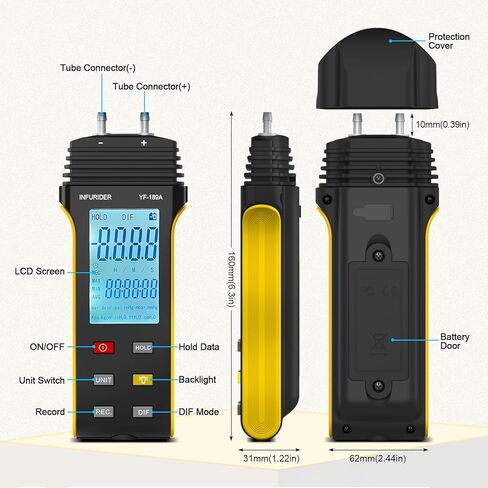 جهاز قياس ضغط الغاز المحمول، 11 وحدة قابلة للاختيار لقياس الضغط التفاضلي، جهاز قياس ضغط الغاز المحمول باليد من INFURIDER YF-189A مع وظيفة الاحتفاظ ببيانات الإضاءة الخلفية لنظام التدفئة والتهوية وتكييف الهواء (HVAC) in Kuwait
