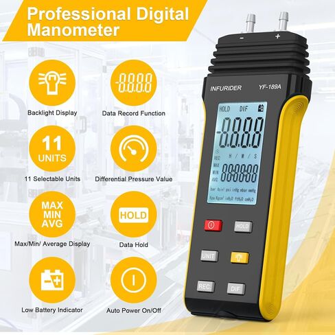جهاز قياس ضغط الغاز المحمول، 11 وحدة قابلة للاختيار لقياس الضغط التفاضلي، جهاز قياس ضغط الغاز المحمول باليد من INFURIDER YF-189A مع وظيفة الاحتفاظ ببيانات الإضاءة الخلفية لنظام التدفئة والتهوية وتكييف الهواء (HVAC) in Kuwait