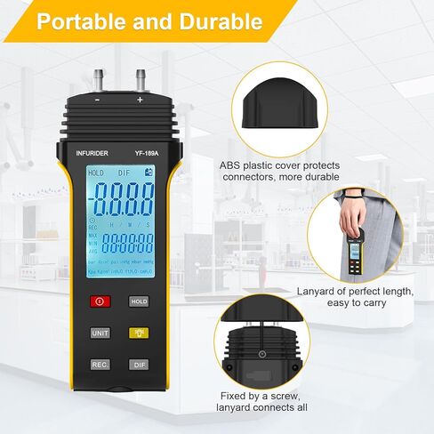 جهاز قياس ضغط الغاز المحمول، 11 وحدة قابلة للاختيار لقياس الضغط التفاضلي، جهاز قياس ضغط الغاز المحمول باليد من INFURIDER YF-189A مع وظيفة الاحتفاظ ببيانات الإضاءة الخلفية لنظام التدفئة والتهوية وتكييف الهواء (HVAC) in Kuwait