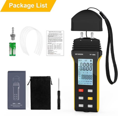 جهاز قياس ضغط الغاز المحمول، 11 وحدة قابلة للاختيار لقياس الضغط التفاضلي، جهاز قياس ضغط الغاز المحمول باليد من INFURIDER YF-189A مع وظيفة الاحتفاظ ببيانات الإضاءة الخلفية لنظام التدفئة والتهوية وتكييف الهواء (HVAC) in Kuwait
