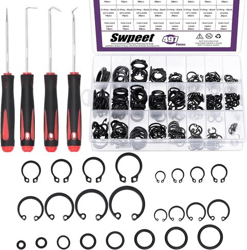Swpeet 499Pcs Universal O-Ring Washer, 8mm to 22mm Alloy Steel External Retaining Rings Internal Circlip Snap Retaining Clip Ring with Short Pick and Hook Assortment Kit for Pin Clips Plumbing in Saudi Arabia