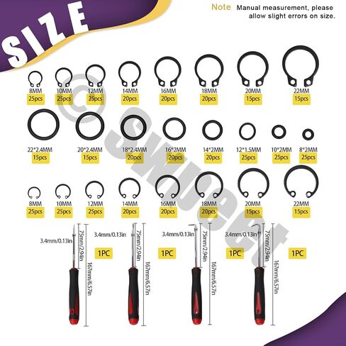Swpeet 499Pcs Universal O-Ring Washer, 8mm to 22mm Alloy Steel External Retaining Rings Internal Circlip Snap Retaining Clip Ring with Short Pick and Hook Assortment Kit for Pin Clips Plumbing in Saudi Arabia