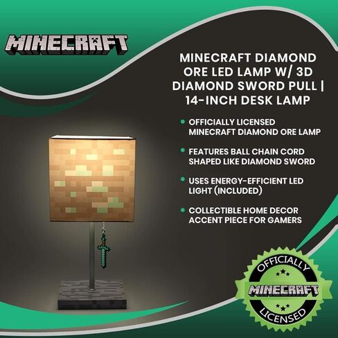 مصباح LED بلوك من خام الماس من Minecraft مع ساحبة سيف ماسية ثلاثية الأبعاد | مصباح 14 بوصة in Saudi Arabia