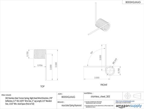 302 Stainless Steel Torsion Spring, Right Hand Wind Direction, 270° Deflection, 0.7" OD, 0.075" Wire Size, 2" Leg Length, 0.5" Mandrel Size, 1.013" Min. Axial Space (Pack of 10) in Kuwait