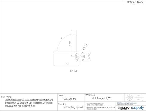 302 Stainless Steel Torsion Spring, Right Hand Wind Direction, 270° Deflection, 0.7" OD, 0.075" Wire Size, 2" Leg Length, 0.5" Mandrel Size, 1.013" Min. Axial Space (Pack of 10) in Kuwait