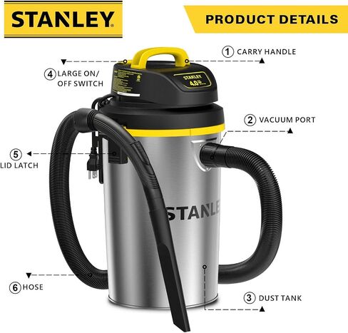 Stanley Wet/Dry Hanging Vacuum, 4.5 Gallon, 4 Horsepower, Stainless Steel Tank in Saudi Arabia