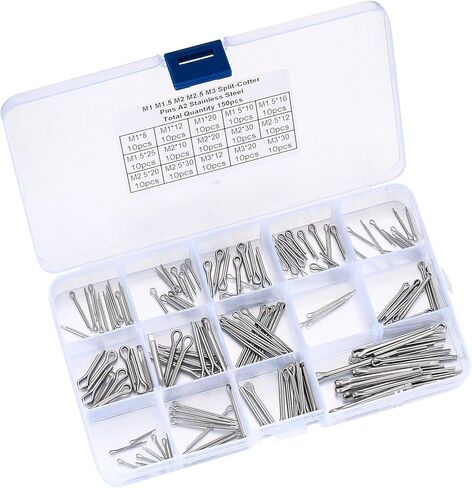 مجموعة متنوعة من دبابيس كوتر، 150 قطعة من دبابيس كوتر المصنوعة من الفولاذ المقاوم للصدأ، دبابيس مقسمة، مجموعة تثبيت مفاتيح بمشبك دبوس كوتر للسيارات والسيارات والشاحنات وجزازة العشب ودبابيس وصلة المقطورة in Kuwait