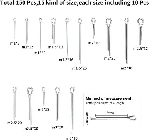مجموعة متنوعة من دبابيس كوتر، 150 قطعة من دبابيس كوتر المصنوعة من الفولاذ المقاوم للصدأ، دبابيس مقسمة، مجموعة تثبيت مفاتيح بمشبك دبوس كوتر للسيارات والسيارات والشاحنات وجزازة العشب ودبابيس وصلة المقطورة in Kuwait