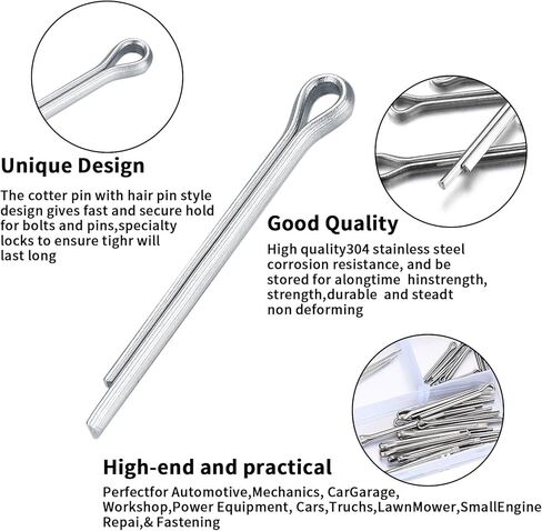 مجموعة متنوعة من دبابيس كوتر، 150 قطعة من دبابيس كوتر المصنوعة من الفولاذ المقاوم للصدأ، دبابيس مقسمة، مجموعة تثبيت مفاتيح بمشبك دبوس كوتر للسيارات والسيارات والشاحنات وجزازة العشب ودبابيس وصلة المقطورة in Kuwait