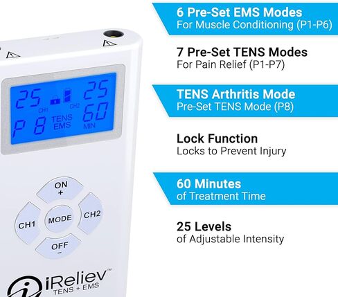 وحدة iReliev TENS + EMS المختلطة، محفز العضلات لتخفيف الآلام والتهاب المفاصل وقوة العضلات - يعالج العضلات المتعبة والملتهبة في الكتفين والظهر والبطن والساقين والركبة والمزيد in Kuwait