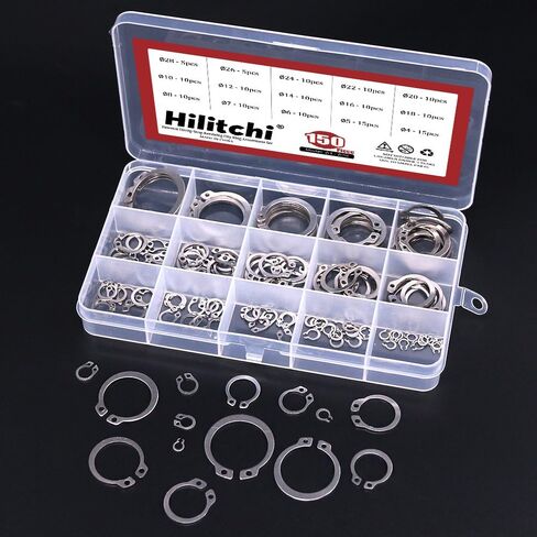 Hilitchi 150-Pcs Alloy Steel External Circlip Snap Retaining Clip Ring Assortment Kit - Size: 4mm to 28mm in Kuwait