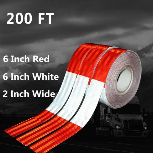 شريط أمان عاكس WAENLIR مقاس 2 بوصة × 200 قدم DOT-C2 شريط لاصق مقاوم للماء باللونين الأحمر والأبيض للمقطورة والخارجية والسيارات والشاحنات in Kuwait