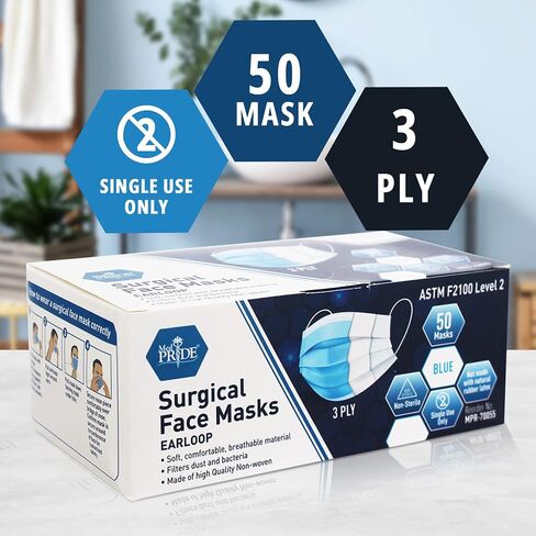 MED PRIDE 3-Ply Face Masks For Adults [Pack of 50] Disposable Breathable Face Mask With Earloops- Comfortable Non-Woven Highly Protective Medical-Grade Face Cover For Men & Women- Blue in Saudi Arabia