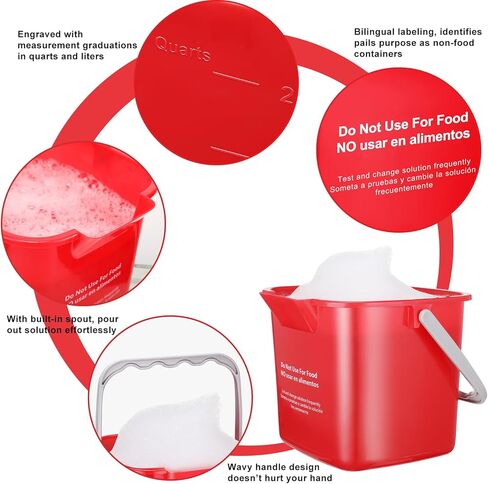 6 قطع دلو تنظيف بسعة 6 لتر، دلو مربع صغير للتعقيم، دلو منظف للمنزل التجاري، المطعم، المطبخ، المكتب، المدرسة (أحمر) in Kuwait