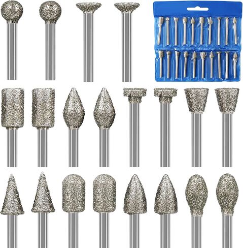 20Pcs Diamond Burr Bits for Dremel, 1/8" Shank Rotary Tool Bits for Stone | Diamond Grinding Bit for Dremel Sanding Bits Stone Carving Set for Glass, Stone, Rocks, Jewelry Carving, Engraving, Polishing in Saudi Arabia