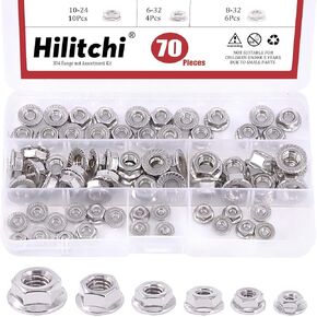 Hilitchi 70 قطعة 304 شفة مسننة من الفولاذ المقاوم للصدأ SAE صواميل قفل سداسية 1/4-20 5/16-18 3/8-16 10-24 8-32 6-32 مجموعة متنوعة من صواميل شفة سداسية ذات لمسة نهائية لامعة in Kuwait