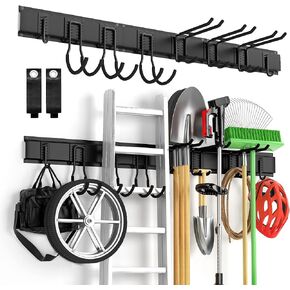 Garage Tool Organizer Wall Mount 6 PCS, Yard Garden Tool Organizer, Adjustable Tool Storage Rack with 3 Heavy Duty Hooks, Max Load 100lbs Garage Organization