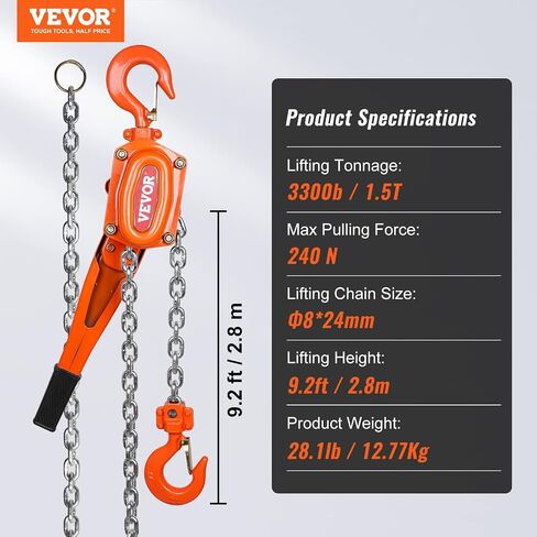 VEVOR Manual Lever Chain Hoist, 1-1/2 Ton 3300 lbs Capacity 10 FT Come Along, G80 Galvanized Carbon Steel with Weston Double-Pawl Brake,Auto Chain Leading & 360° Rotation Hook, for Garage Factory Dock in Kuwait