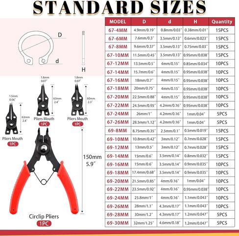 Hilitchi 261Pcs 16 Sizes 4mm to 30mm Alloy Steel External Retaining Rings Internal Circlip Snap Retaining Clip Ring with 4 in 1 Snap Ring Pliers, Wrist Pin Clips Internal External Repair Projects in Kuwait