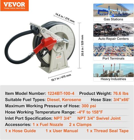 بكرة خرطوم الوقود VEVOR، 3/4 بوصة × 66 بوصة، بكرة خرطوم ديزل طويلة جدًا قابلة للسحب، هيكل من الصلب الكربوني شديد التحمل مع فوهة وقود أوتوماتيكية، خرطوم مطاطي NBR لشاحنة صهريج سفينة الطائرات، 300 رطل لكل بوصة مربعة in Kuwait