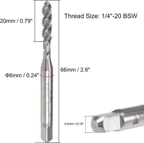 TOP-VIGOR BSW Spiral Flute Thread Tap- 1/4"-20 Metric Machine Threading Tap H2 Tolerance, HSS-Cobalt(5% Co) Uncoated Thread Milling Tap, Round Shank with Square End in Saudi Arabia