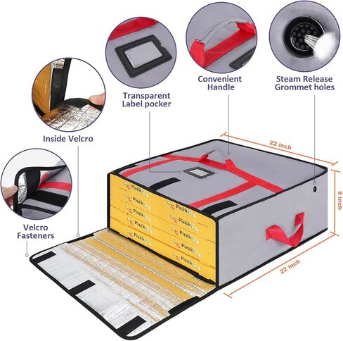 شنطة توصيل بيتزا كبيرة معزولة لحفظ الطعام الساخن والتسليم، شنطة توصيل طعام حرارية قابلة لاعادة الاستخدام، اكياس بيتزا للتسليم، مقاس كبير 22 × 22 × 8.6 انش، رمادي in Kuwait
