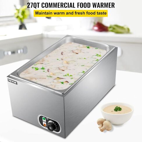 VEVOR Steam Table Warmer, 27 Qt Commercial, Full Size Countertop Food Warmer, Stainless Steel Electric, 1000W Buffet Food Warmer with Lid for Catering and Restaurant in Saudi Arabia