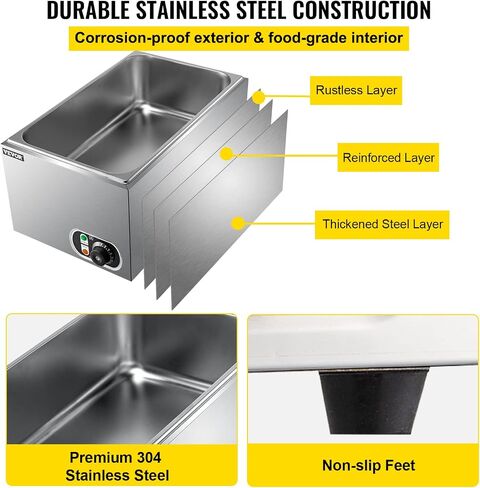 VEVOR Steam Table Warmer, 27 Qt Commercial, Full Size Countertop Food Warmer, Stainless Steel Electric, 1000W Buffet Food Warmer with Lid for Catering and Restaurant in Saudi Arabia