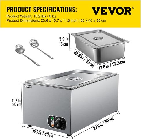 VEVOR Steam Table Warmer, 27 Qt Commercial, Full Size Countertop Food Warmer, Stainless Steel Electric, 1000W Buffet Food Warmer with Lid for Catering and Restaurant in Saudi Arabia