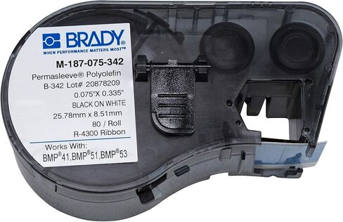 Brady PermaSleeve أكمام علامات أسلاك البولي أوليفين المنكمشة بالحرارة (M-187-075-342) - أكمام سوداء على بيضاء - متوافقة مع صانعي الملصقات BMP41، وBMP51، وBMP53 - ارتفاع .335 بوصة، وعرض .75 بوصة in Kuwait