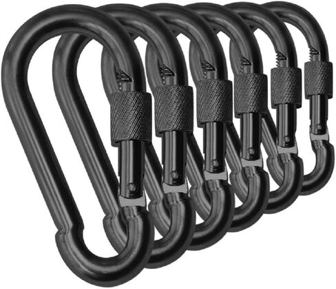 Black & Silver Heavy Duty Bushcraft Locking Thumb Screw Closure Zinc-Galvanized Steel Carabiner Spring Snap Clip Link Hooks 200-400lb Load. 6 & 12 Packs in Kuwait