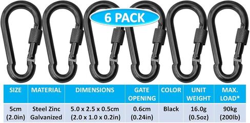 Black & Silver Heavy Duty Bushcraft Locking Thumb Screw Closure Zinc-Galvanized Steel Carabiner Spring Snap Clip Link Hooks 200-400lb Load. 6 & 12 Packs in Kuwait