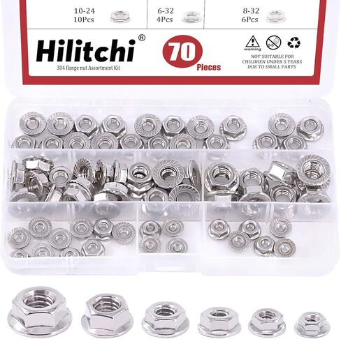 Hilitchi 70 قطعة 304 شفة مسننة من الفولاذ المقاوم للصدأ SAE صواميل قفل سداسية 1/4-20 5/16-18 3/8-16 10-24 8-32 6-32 مجموعة متنوعة من صواميل شفة سداسية ذات لمسة نهائية لامعة in Kuwait