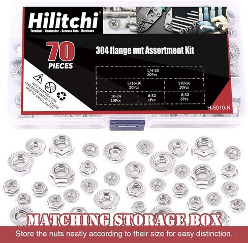 Hilitchi 70 قطعة 304 شفة مسننة من الفولاذ المقاوم للصدأ SAE صواميل قفل سداسية 1/4-20 5/16-18 3/8-16 10-24 8-32 6-32 مجموعة متنوعة من صواميل شفة سداسية ذات لمسة نهائية لامعة in Kuwait