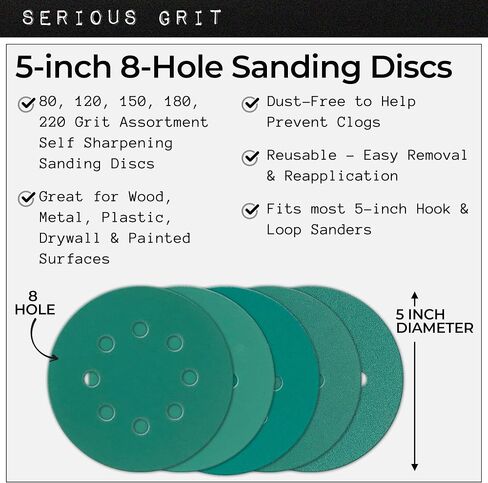 Serious Grit - 5-Inch 8-Hole P220 Grit Sanding Discs - 50 Pack Box | Fits 5" Random Orbital Sanders - Heavy-Duty Hook & Loop Wet/Dry Film Sandpaper For Wood, Auto Body, Paint, Metal, & More in Saudi Arabia