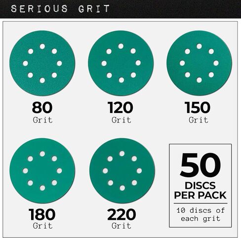 Serious Grit - 5-Inch 8-Hole P220 Grit Sanding Discs - 50 Pack Box | Fits 5" Random Orbital Sanders - Heavy-Duty Hook & Loop Wet/Dry Film Sandpaper For Wood, Auto Body, Paint, Metal, & More in Saudi Arabia