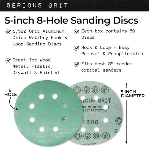 Serious Grit - 5-Inch 8-Hole P220 Grit Sanding Discs - 50 Pack Box | Fits 5" Random Orbital Sanders - Heavy-Duty Hook & Loop Wet/Dry Film Sandpaper For Wood, Auto Body, Paint, Metal, & More in Saudi Arabia