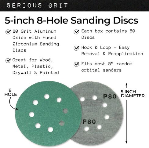 Serious Grit - 5-Inch 8-Hole P220 Grit Sanding Discs - 50 Pack Box | Fits 5" Random Orbital Sanders - Heavy-Duty Hook & Loop Wet/Dry Film Sandpaper For Wood, Auto Body, Paint, Metal, & More in Saudi Arabia