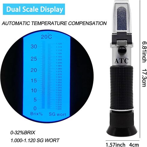 مقياس انكسار بيرة بركس مزدوج مع ATC ​​0-32% بريكس عصير فواكه مشروب سكر اختبار نبتة البيرة جاذبية محددة 1.000-1.120 مقياس كثافة السوائل في تخمير نبيذ البيرة in Kuwait