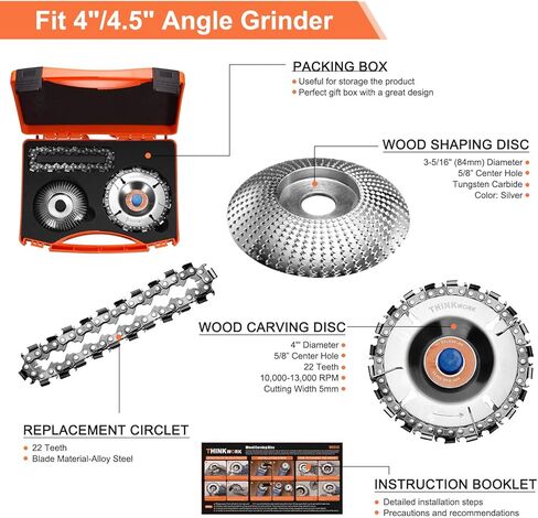 قرص نحت الخشب (سلسلة بديلة) وقرص تشكيل عجلة الطحن، مشكل أسنان منشار مزدوج مضاد للركل، 5/8 في القطر الداخلي، ملحق مطحنة زاوية لقطع الخشب (4 بوصة أو 4-1/2 بوصة)، قفازات مقاومة للقطع in Kuwait