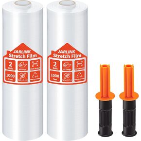 JARLINK 2 Pack Stretch Film, 15" x 1000ft Shrink Wrap for Pallet Wrap, Industrial Strength Stretch up to 650% Stretch with Handles, Self Adhering Packaging Heavy Duty Film for Moving, 68 Gauge, Clear