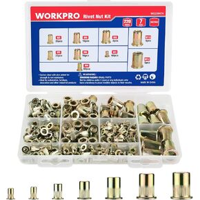WORKPRO 220Pcs Metric Rivet Nuts, Zinc Plated Carbon Steel Flat Head Threaded Insert Nut with Knurled Body, Include Storage Case, 7 Sizes Rivnuts Assortment Kit-M3, M4, M5, M6, M8, M10, M12 in Saudi Arabia