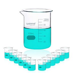 كوب زجاجي متدرج منخفض الشكل من LABINVO، 12 قطعة بحجم 100 مل، مجموعة أكواب زجاجية بوروسيليكات 3.3، IN-BKL100